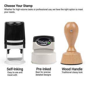 Comparison of self-inking, pre-inked, and wood-handle stamps. 