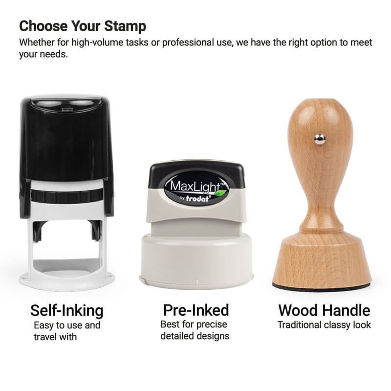 Stamp type comparison showing self-inking, pre-inked, and traditional wood handle stamps.