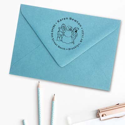 Girls building Snowman Return Address Stamp - alternate view