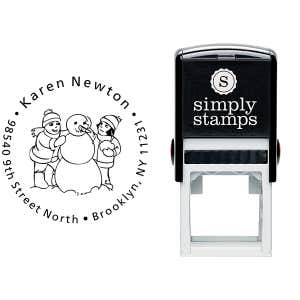 Girls building Snowman Return Address Stamp Body and Design