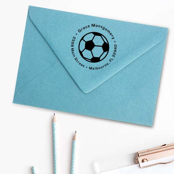 Soccer Ball Return Address Stamp Imprint Examples on Envelopes