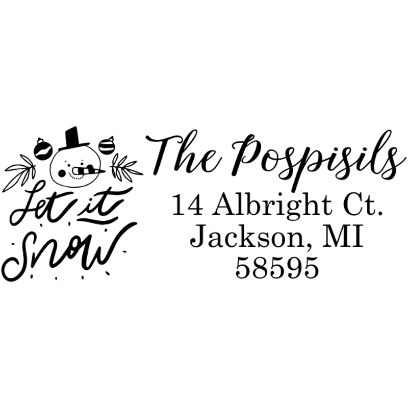 Holiday address stamp design featuring ‘Let It Snow Winter Snowman’ with personalized family name and address.