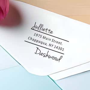 Davenport Offset Address Stamp impression closeup on light blue envelope