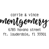 Holiday address stamp design featuring ‘Montgomery Trendy’ with personalized family name and address.