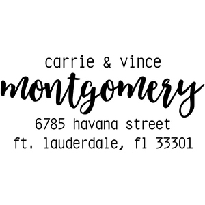 Holiday address stamp design featuring ‘Montgomery Trendy’ with personalized family name and address.