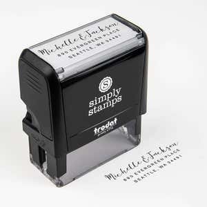 Fully Customizable Script Name Return Address Stamp impression next to self inking stamp body
