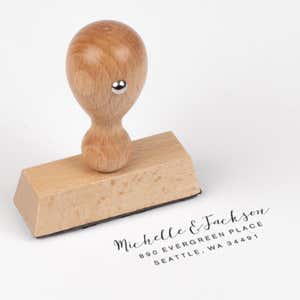 Fully Customizable Script Name Return Address Stamp impression next to european stamp body