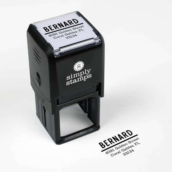 Bernard Bold Address Stamp impression next to self inking stamp body