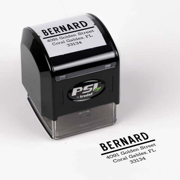 Bernard Bold Address Stamp impression next to pre inked stamp body