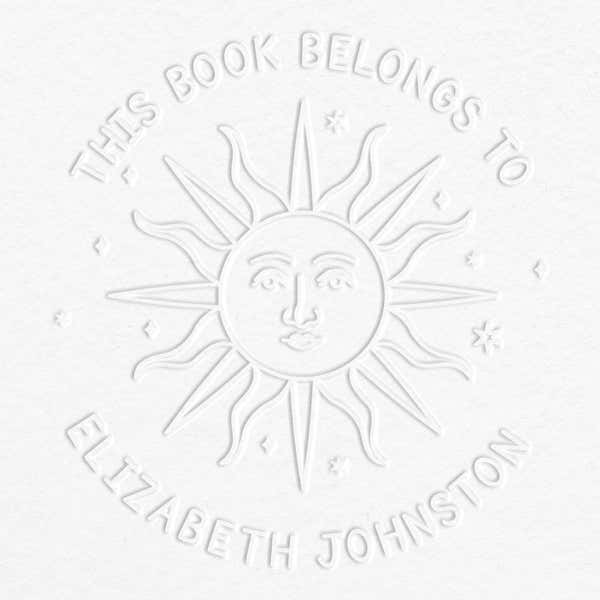 Modern Sun Personalized Book Embosser Impression on Grey Paper