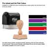 Pre-inked stamp displayed alongside 5 available water-based ink pad colors—black, purple, green, red, and blue