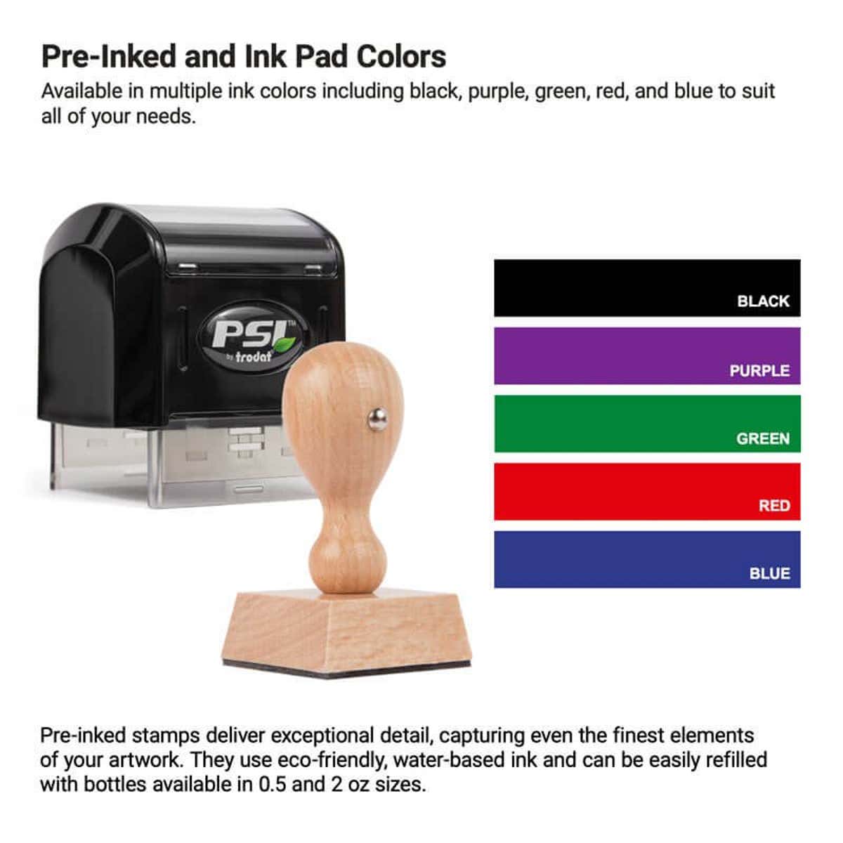Pre-inked stamp displayed alongside 5 available water-based ink pad colors—black, purple, green, red, and blue