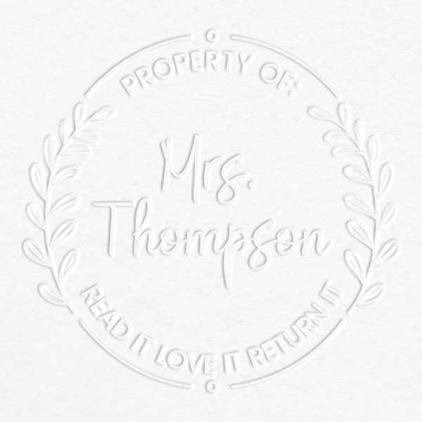 Round Floral Script Personalized Book Embosser Impression on Grey