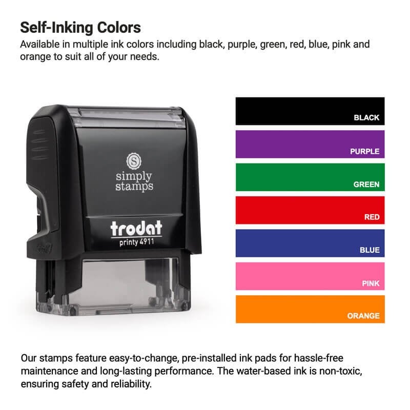Self-inking stamp with a chart of color choices, highlighting non-toxic ink pads in a variety of vibrant shades: black, purple, green, red, blue, pink, and orange