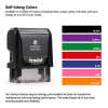 Self-inking stamp with a chart of color choices, highlighting non-toxic ink pads in a variety of vibrant shades: black, purple, green, red, blue, pink, and orange