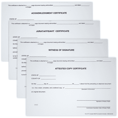Set of 4 Notary Certificates - Witness, Acknowledgement, Attest, and Jurat