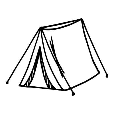 A-frame tent with its door flap pulled open, a striped inner edge and guy lines staked out on both sides