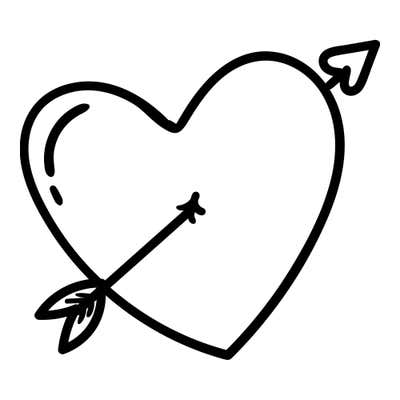 Tilted heart outline with a curved highlight, pierced by an arrow with a feathered tail and a heart-shaped arrowhead