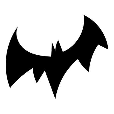 Solid black bat silhouette, wings spread at a tilt with jagged pointed tips and two small pointed ears