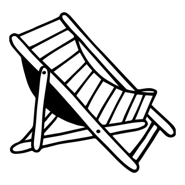 Folding beach chair with a striped sling seat, a solid black shadow beneath and a crossed frame