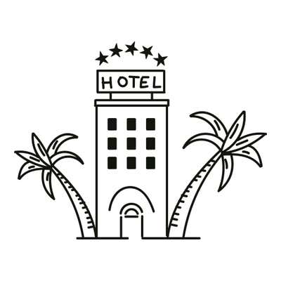 Beach hotel with five stars over a HOTEL sign, dark windows, an arched entry and a palm tree on each side