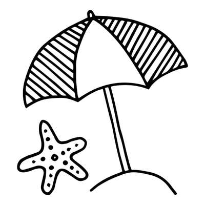 Beach umbrella with striped panels planted in a sandy mound beside a spotted starfish