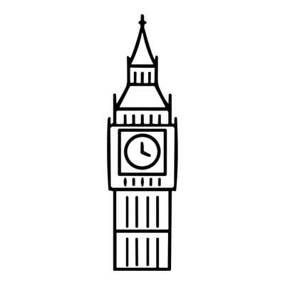 Big Ben clock tower with paneled stonework, a clock face, belfry openings and a pointed spire with a finial