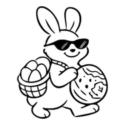 Smiling bunny in dark sunglasses strolling with a woven basket of eggs on one arm and a big patterned egg under the other