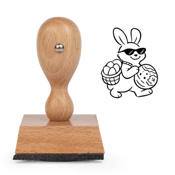 Easter Bunny Basket Craft Stamp standing upright beside its black stamped bunny with basket image