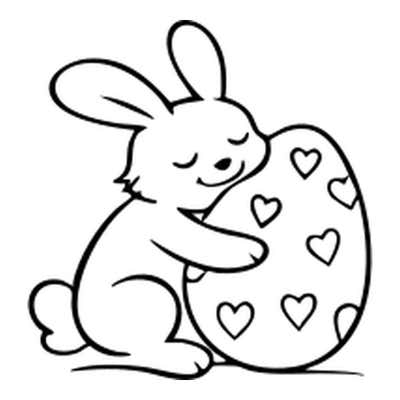 Bunny with closed eyes and a smile hugging a tall egg covered in outlined hearts, one ear up and one ear swept back