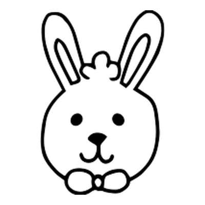 Bunny face with tall outlined ears, a curly tuft of fur, dot eyes, a solid black nose, a smile and a bow tie under the chin
