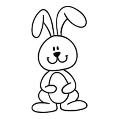 Standing cartoon bunny with long ears, dot eyes, a wide grin and stubby paws holding an egg-shaped oval to its tummy