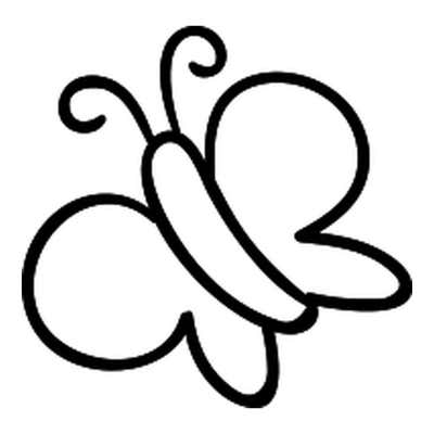 Minimal butterfly in bold smooth lines with two curly antennae, a tilted capsule-like body and loopy open wings