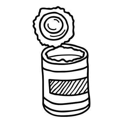 Tin can with its jagged lid peeled back and a band of diagonal hatching on the label