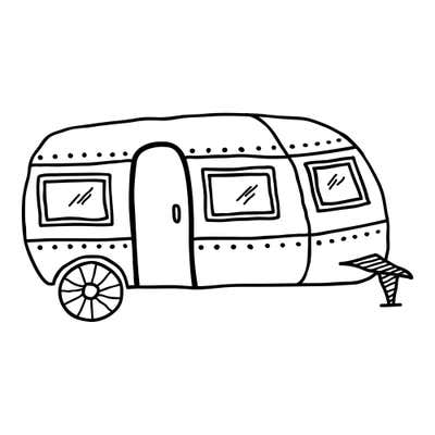 Vintage travel trailer with dotted trim lines, three windows, a center door, a spoked wheel and a striped hitch