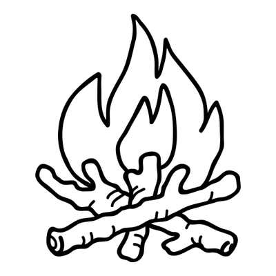 Campfire with tall curling flames rising over crossed logs with knots and stubby branches
