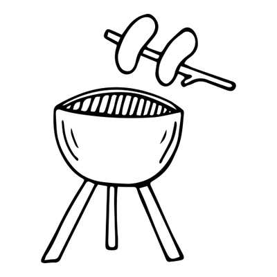 Kettle grill on three legs with a barred grate, with two sausages on a roasting fork above it