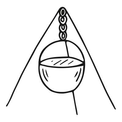 Cooking pot hanging by a chain from a tall three-legged tripod