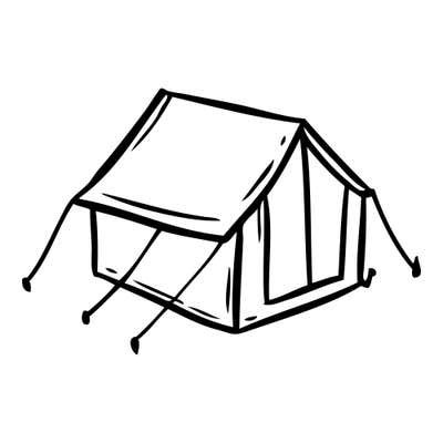 Cabin-style tent with a peaked roof, straight walls, vertical seams and guy lines pulled out to stakes