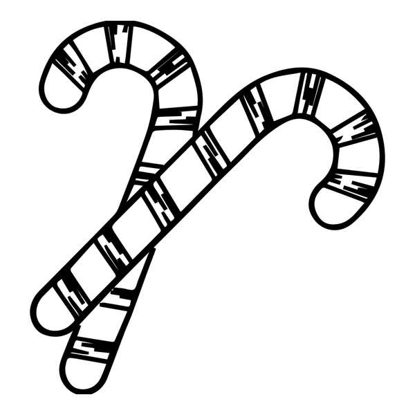 Two crossed candy canes with angled, hatch-lined stripe bands and hooks curling in opposite directions
