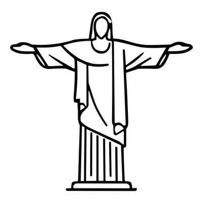 Christ the Redeemer statue with arms outstretched, a long folded robe and draped cloth, on a stepped pedestal