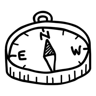 Pocket compass seen at a tilt with a ring loop, N, E and W letters, a half-hatched needle and a ticked edge