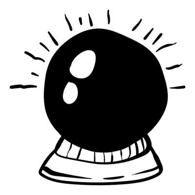 Solid black crystal ball with two white glints and wavy light rays, sitting on a ribbed stand with a flared base