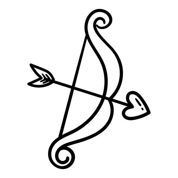 Cupid's bow with curled scroll tips and a taut string, crossed by an arrow with fletching and a heart-shaped point