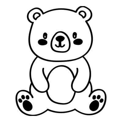 Cartoon bear cub sitting with feet out, blushing cheeks, smiling muzzle, paws on its tummy and black paw pads