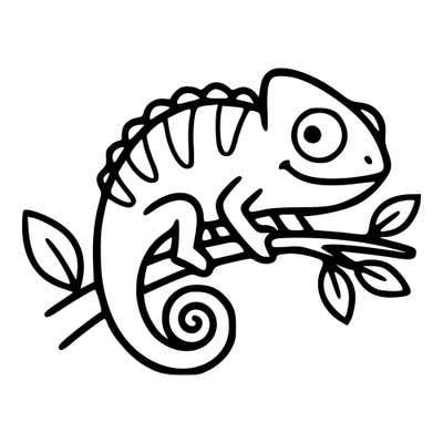 Cartoon chameleon with a big googly eye and striped crest gripping a leafy branch, its tail coiled into a spiral