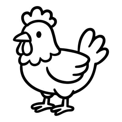 Cartoon hen facing left with a scalloped comb, dot eye, curved wing line and three fanned tail feathers
