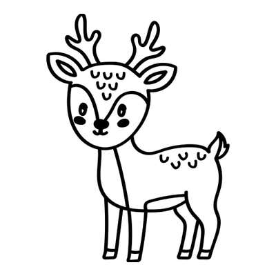 Cartoon deer with small branching antlers, blushing cheeks, black nose and U-shaped dapples on its head and back