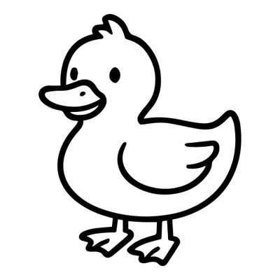 Cartoon duck facing left with a two-feather head tuft, wide smiling bill, tucked wing and webbed feet