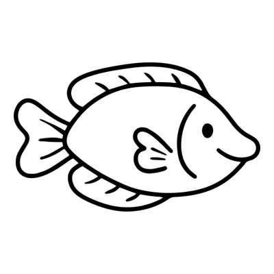 Smiling cartoon fish facing right with a heart-shaped side fin, curved gill line, striped fins and a forked tail